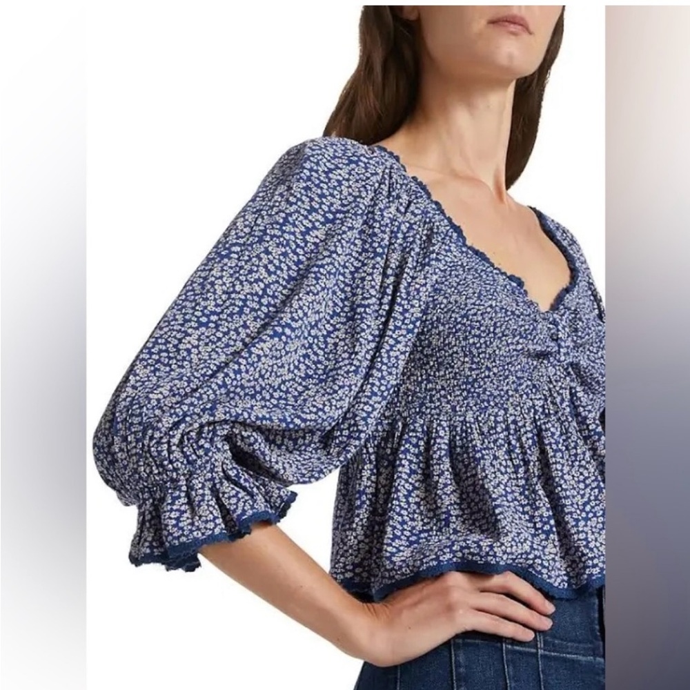Free People Brittnee Print Smocked Back Peplum Top with Puff Sleeves Size S NWT